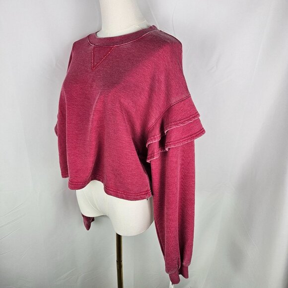 NEW! 7 For All Mankind Berry Cropped Ruffle Sleeve Sweatshirt Medium - Picture 12 of 14
